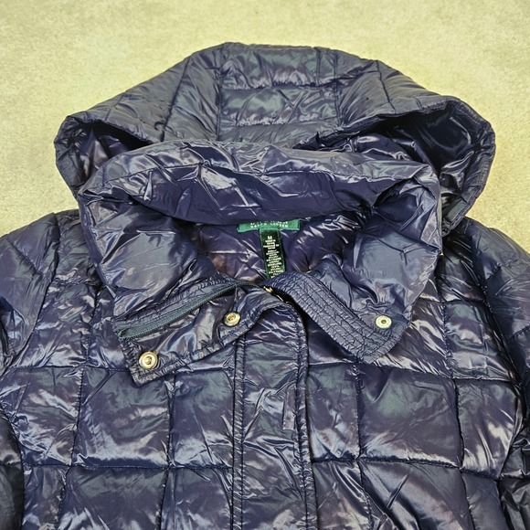 Lauren Ralph Lauren Quilted Puffer Hood Long Coat Navy Preppy Women M Duck Down - Picture 4 of 13